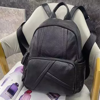 Рюкзак из натуральной кожи для женщин. Черный рюкзак из воловьей кожи. Модный и универсальный рюкзак из мягкой кожи для студентов. чёрный