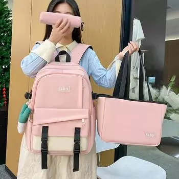 Рюкзак из трех предметов, набор в студенческом стиле, женский цветной блок, рюкзак большой емкости, студенческий школьный рюкзак с сумкой для обеда, сумка-ручка розовый