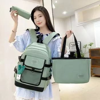 Рюкзак из трех предметов, однотонный школьный рюкзак большой вместимости с сумкой для обеда, сумкой для ручек чёрный