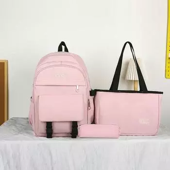 Рюкзак из трех предметов, школьный рюкзак для девочек, однотонный рюкзак большой емкости с сумкой на плечо, сумка для ручек розовый