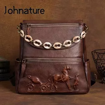 Рюкзак Johnature из натуральной кожи с тиснением в стиле ретро, женская сумка из натуральной яловой кожи, большие вместительные рюкзаки для отдыха и путешествий чёрный