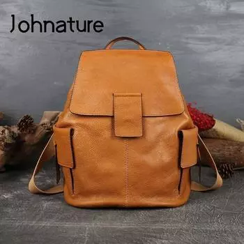 Рюкзак Johnature из натуральной кожи в стиле ретро, первый слой, женская сумка из коровьей кожи, однотонные дорожные сумки чёрный