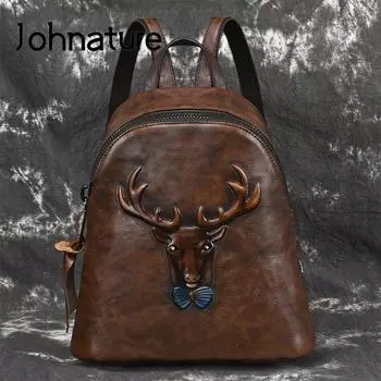 Рюкзак Johnature из натуральной кожи, женская сумка, винтажные сумки с животным принтом и тиснением для отдыха, большие вместительные уличные дорожные сумки чёрный
