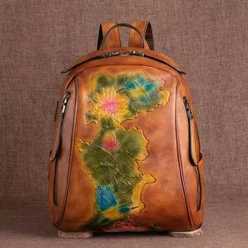 Рюкзак Johnature в стиле ретро, ручная работа, тиснение, сумка из натуральной кожи, женская сумка, первый слой, дорожные сумки из воловьей кожи с цветочным принтом зелёный