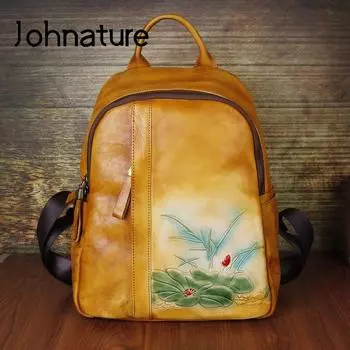 Рюкзак Johnature в стиле ретро, женская сумка из натуральной кожи, ручная работа, тиснение, первый слой из коровьей кожи, дорожные сумки большой вместительности коричневый