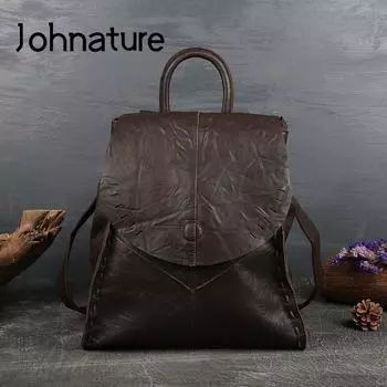Рюкзак Johnature в стиле ретро, женская сумка из натуральной кожи, для отдыха, первый слой, из коровьей кожи, большая вместительность, одноцветные дорожные сумки