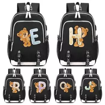 Рюкзак Little Bear с 26 английскими буквами, холст с принтом, школьная сумка для подростков для девочек и мальчиков, большая вместительная сумка для книг для детей, подарок