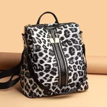 Рюкзак Модный ретро рюкзак Большая вместимость Женская сумка для поездок на работу с леопардовым принтом из коровы Премиум Текстурированная сумка на плечо