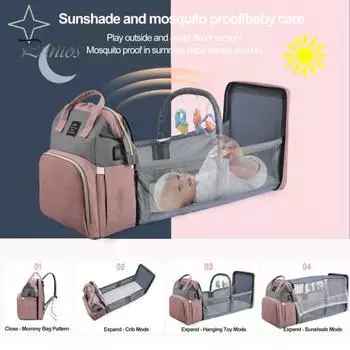 Рюкзак Mommy Bag с солнцезащитной сетчатой аркой, просторная организованная сумка для подгузников большой вместимости для предметов первой необходимости для ребенка серый/розовый