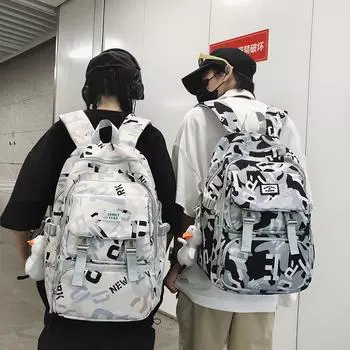 Рюкзак мужской большой вместимости рюкзак с граффити женский школьный рюкзак для учащихся старших классов средней школы чёрный