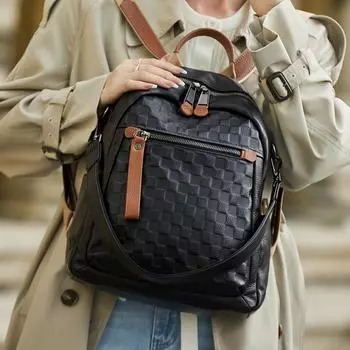 Рюкзак ручной работы из натуральной кожи с рисунком в клетку, большой емкости, школьная сумка