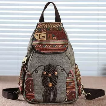 Рюкзак ручной работы, женские винтажные холщовые рюкзаки, сумка в национальном стиле с геометрическим принтом, женский простой дорожный рюкзак серый