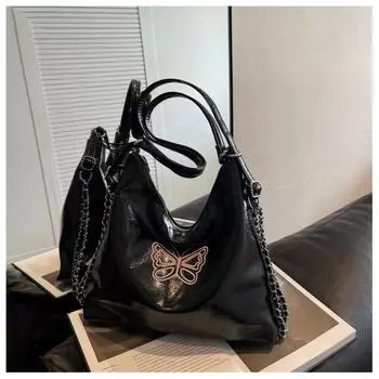 Рюкзак с бабочкой, летняя крутая сумка на цепочке, студенческий класс, большая вместительная сумка-тоут, длина 34 см, ширина 11 см, высота 26 см чёрный