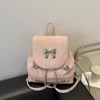 Рюкзак с бантом, женский, осенний, модный, цепочка, повседневный, школьный, дорожный рюкзак серебряный