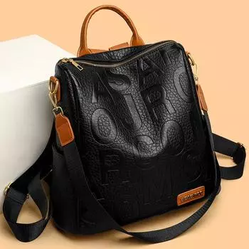 Рюкзак с буквенным принтом, женский уличный пригородный рюкзак, кожаная сумка через плечо чёрный