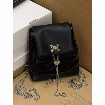 Рюкзак с цепочкой, Xiaoxiangfeng Y2K милый и крутой Spice Girl 2024 новый мерсеризованный кожаный высококачественный серебристый рюкзак сумка для женщин чёрный