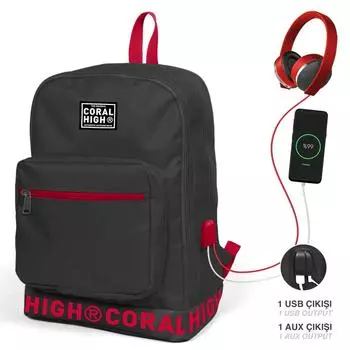 Рюкзак с четырьмя отделениями Coral High Dark Grey Embroidery Logo и USB-зарядным устройством с выходом для наушников 24105
