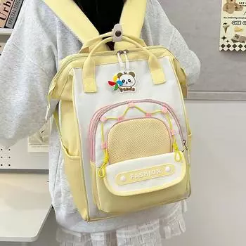 Рюкзак с цветными блоками и принтом панды, школьный рюкзак для студента, женский легкий дорожный рюкзак фиолетовый