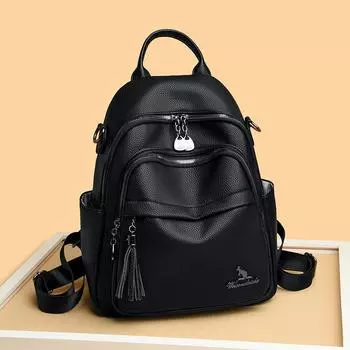 Рюкзак с кисточками, женский мягкий кожаный рюкзак, дорожная сумка в стиле ретро чёрный