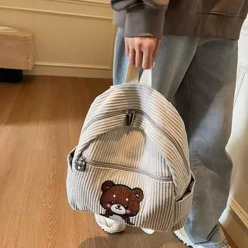 Рюкзак с медведем, вельветовый школьный рюкзак для студента, женский рюкзак с рисунком белый