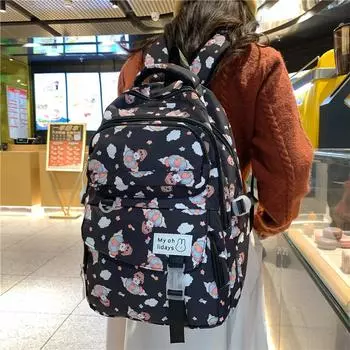 Рюкзак с мультяшным принтом для учащихся 4-6 классов младших классов средней школы, большая вместительная школьная сумка для девочек чёрный