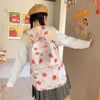 Рюкзак с принтом клубники 2025 года: Большая вместимость для учащихся начальной и средней школы розовый