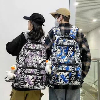 Рюкзак с принтом мультфильма и граффити, студенческий школьный мужской рюкзак большой емкости чёрный