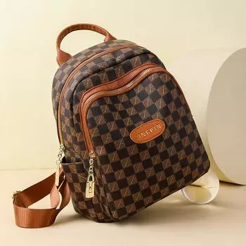 Рюкзак с принтом Женский рюкзак в шахматную клетку Дорожный рюкзак большой вместимости коричневый