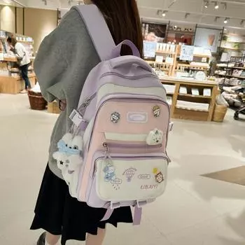 Рюкзак с рисунком из мультфильма, школьный рюкзак с цветными блоками, женский рюкзак большой емкости синий