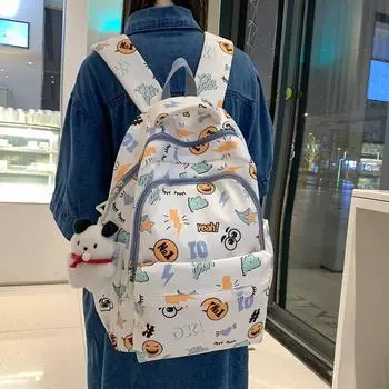 Рюкзак Школьная сумка Граффити Студенческий школьный рюкзак большой емкости Женский дорожный рюкзак синий