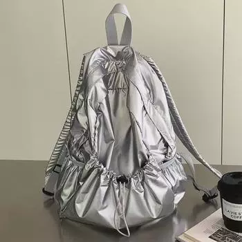 Рюкзак Silver Textured Drawstring Backpack 2024 года — большая вместимость, повседневный стиль, нишевый дизайн для женщин чёрный