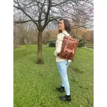 Рюкзак, сумка с закругленным верхом, натуральная кожа, офисная сумка, школьная сумка, сумка для ноутбука, сумка через плечо, дорожная сумка, сумка унисекс 14 x 17 x 6 in коричневый