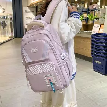 Рюкзак в клетку для школьников большой емкости для девочек-подростков розовый