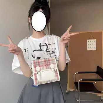 Рюкзак в клетку с драконом, рюкзак с бантом, женская симпатичная ручная сумка через плечо, школьная сумка