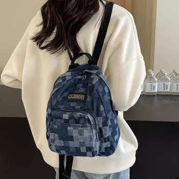 Рюкзак в клетку с клетчатым принтом, женская дорожная сумка, студенческая мини-школьная сумка джинсовый синий