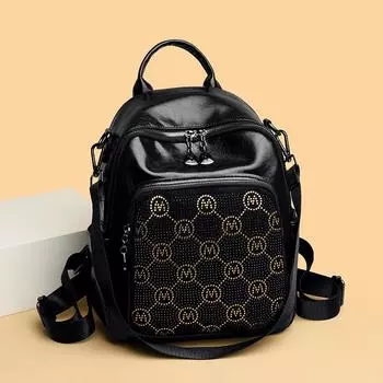 Рюкзак в клетку с пайетками, женский легкий школьный рюкзак, мягкая кожаная сумка через плечо для учеников средней школы чёрный