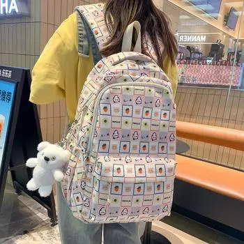 Рюкзак в клетку, женский милый школьный рюкзак с клубничным принтом