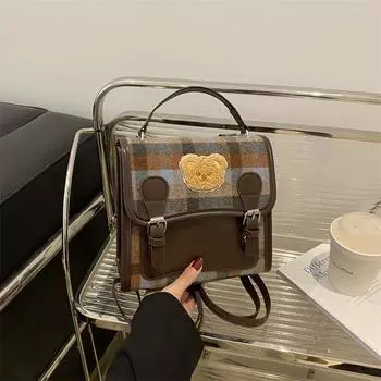 Рюкзак в клетку женский осенний модный шерстяной портативный школьный рюкзак для студентов легкий дорожный рюкзак коричневый