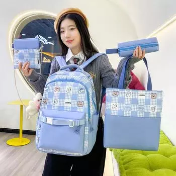 Рюкзак в клетку, женский школьный рюкзак с цветными блоками и мультяшным медведем, школьный рюкзак фиолетовый