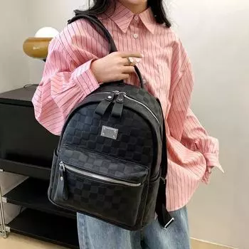 Вместительный рюкзак с шахматным узором, модная фактурная мягкая кожаная сумка-рюкзак для женщин S чёрный