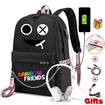 Рюкзак в стиле аниме для женщин и девочек, игровой холст с зарядкой от USB, рюкзак для студентов, школьный рюкзак с цепочкой, противоугонный рюкзак