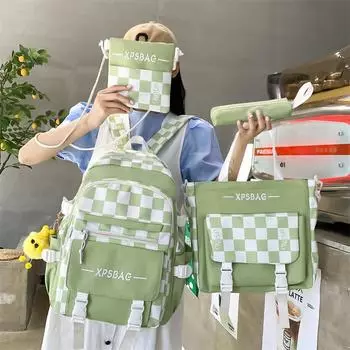 Рюкзак в стиле милитари с клетчатым принтом, 4 шт., легкий функциональный рюкзак для ноутбука, школьная и дорожная сумка большой вместимости зелёный