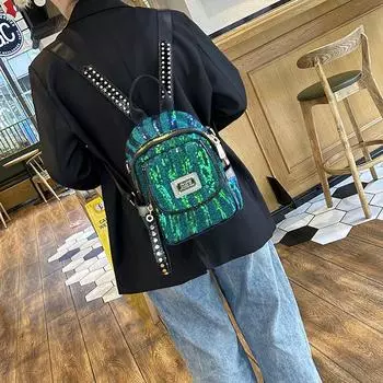 Рюкзак в стиле вестерн с пайетками: Модная высококачественная маленькая сумка из натуральной кожи 2023 года, универсальный и трендовый женский рюкзак. зелёный