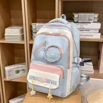 Рюкзак в студенческом стиле, женский, контрастная строчка, большая вместимость светло-синий