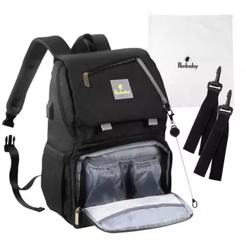 Рюкзак вместимостью 16 Сумка многофункциональная с USB портом Подарок для ребенка [Ponbaby] для матери (Большие / Карманы) Рюкзак для мамы, легкий, (Все черное),