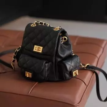 Рюкзак Xiaoxiangfeng из натуральной кожи Caviar с сетчатой цепочкой из коровьей кожи для мини-путешествий 17x15x10cm чёрный