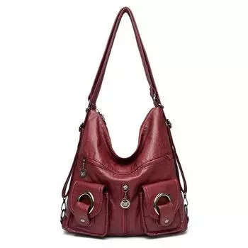 Рюкзак женская мягкая кожаная сумка через плечо большая вместительная сумка простая женская сумка среднего возраста красный