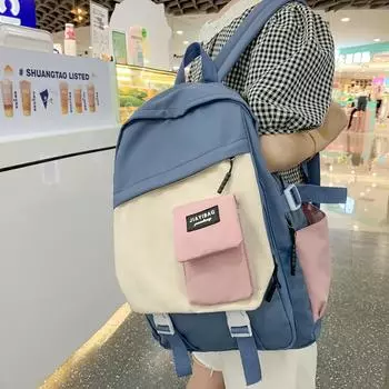 Рюкзак, женская сумка для компьютера, большая вместимость, контрастная цветная строчка, школьная сумка для старших классов для девочек синий