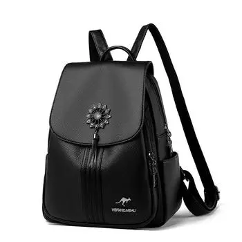 Рюкзак женский большой емкости из мягкой кожи студенческий школьный рюкзак для путешествий на открытом воздухе чёрный