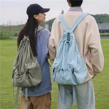 Рюкзак женский большой емкости с карманами на шнурке, легкий рюкзак с тканевой сумкой на шнурке, школьный ранец Large чёрный